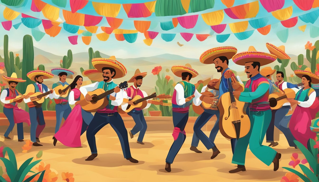 A lively fiesta with mariachi band, sombreros, and colorful decorations, set against a Texas backdrop