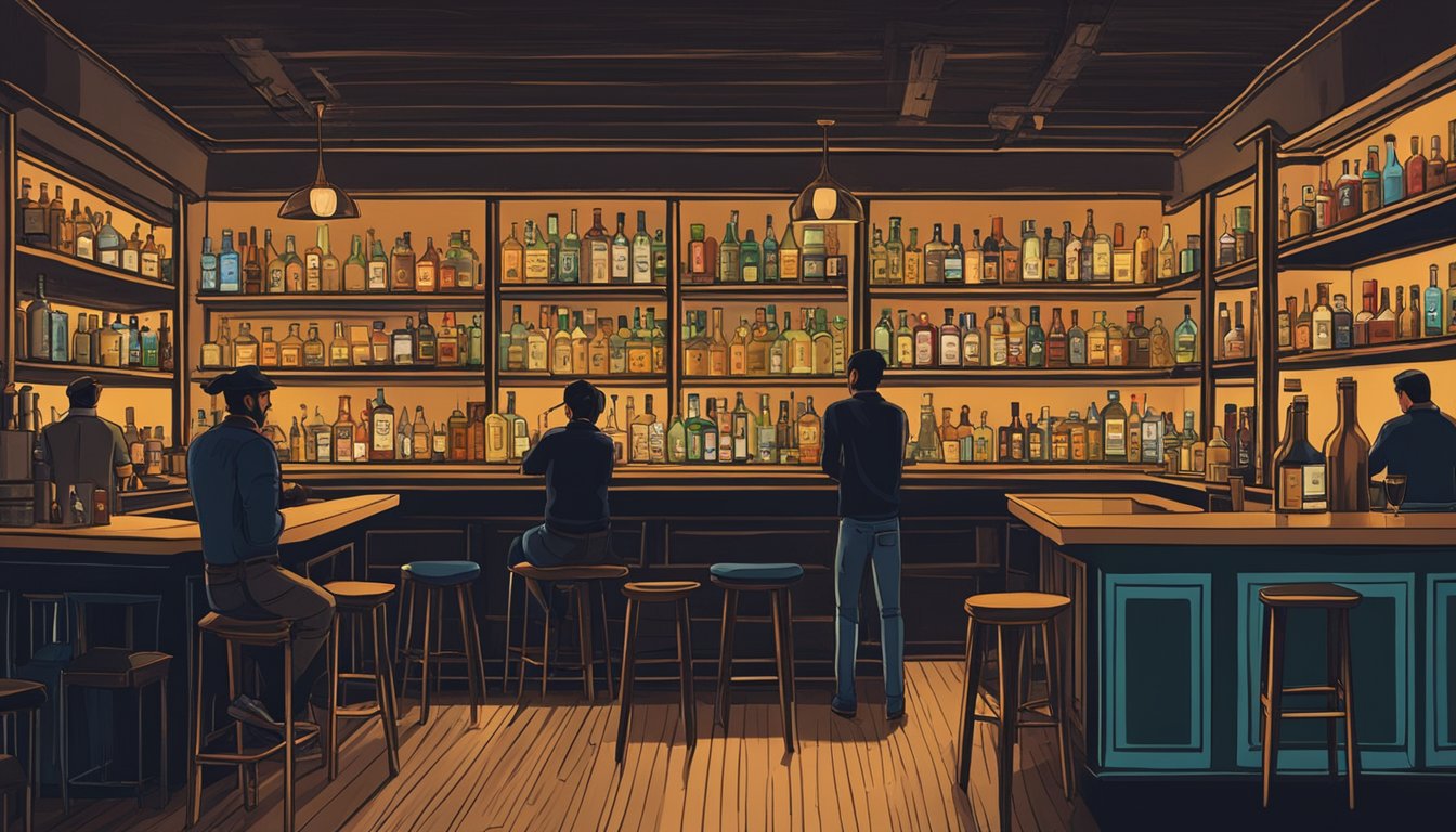 A dimly lit Texas bar with shelves lined with various bottles of mezcal, bartenders expertly crafting mezcal cocktails, and patrons sipping and enjoying the smoky spirit