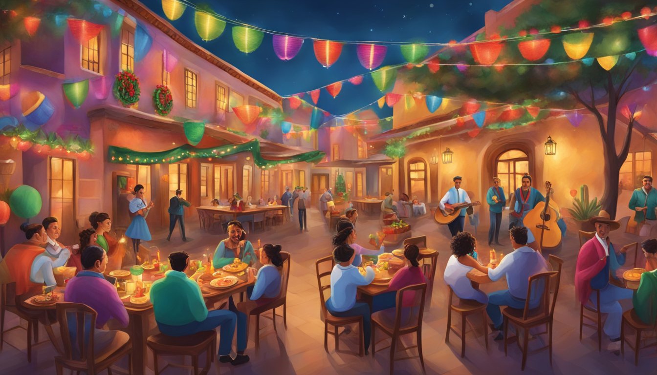 A festive scene with vibrant decorations, mariachi music, and traditional Mexican cuisine, all with a Texan twist