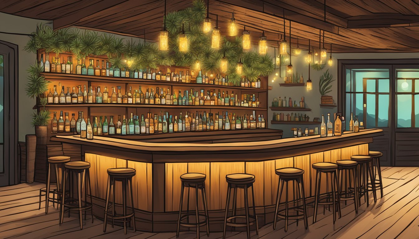 A rustic Texas bar adorned with agave plants and shelves of mezcal bottles, patrons sipping smoky cocktails in the warm glow of string lights