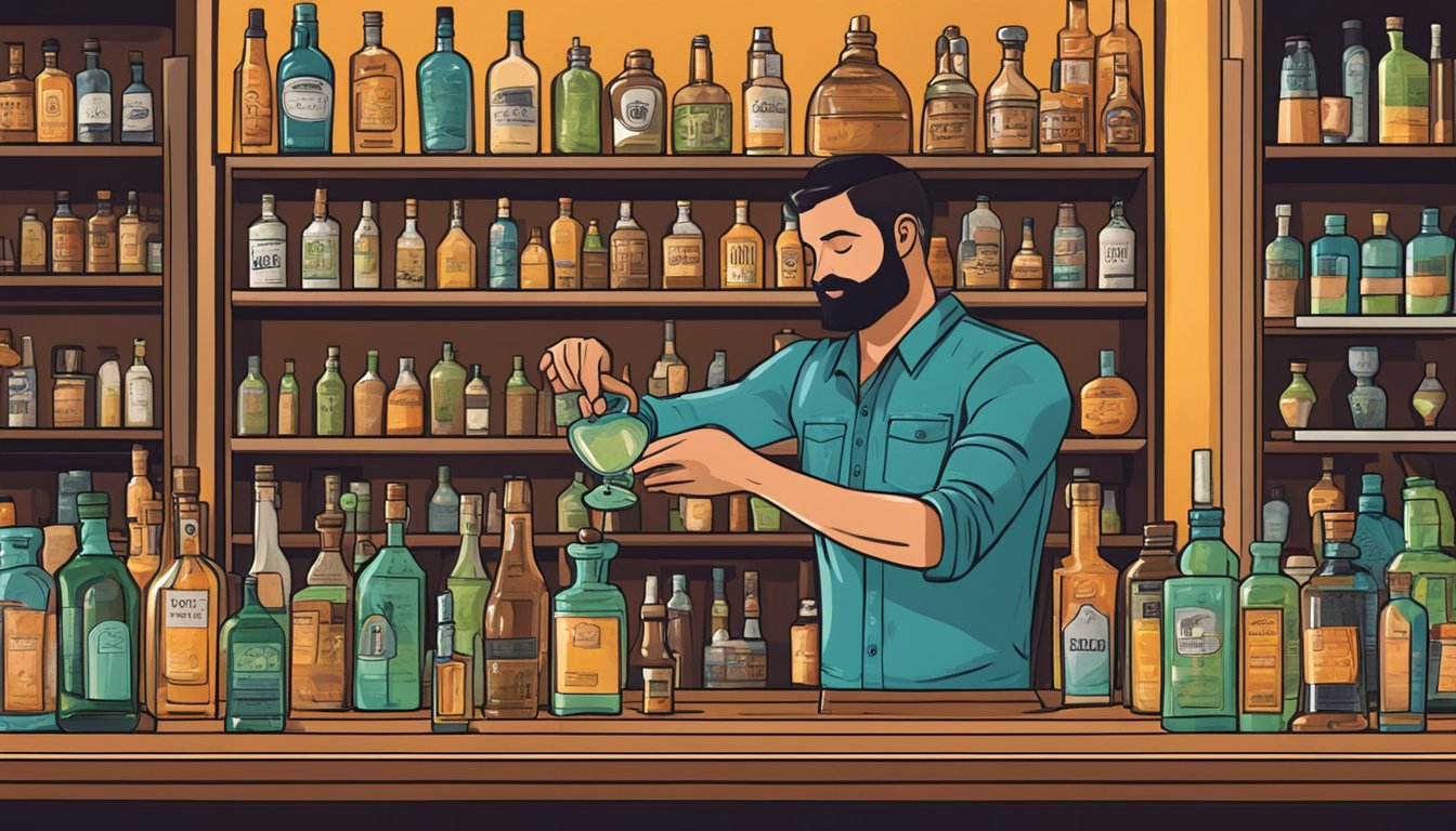 A bartender pouring mezcal into a cocktail shaker while surrounded by shelves of various mezcal bottles in a trendy Texas bar