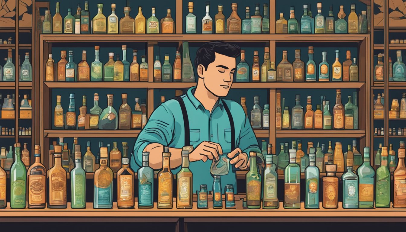 A bartender pouring mezcal into a glass, surrounded by shelves of various mezcal bottles in a trendy Texas bar