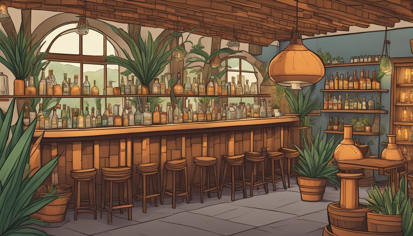 A traditional mezcal distillery in Texas with agave plants, adobe ovens, and copper stills, surrounded by a bustling bar scene with patrons enjoying mezcal cocktails