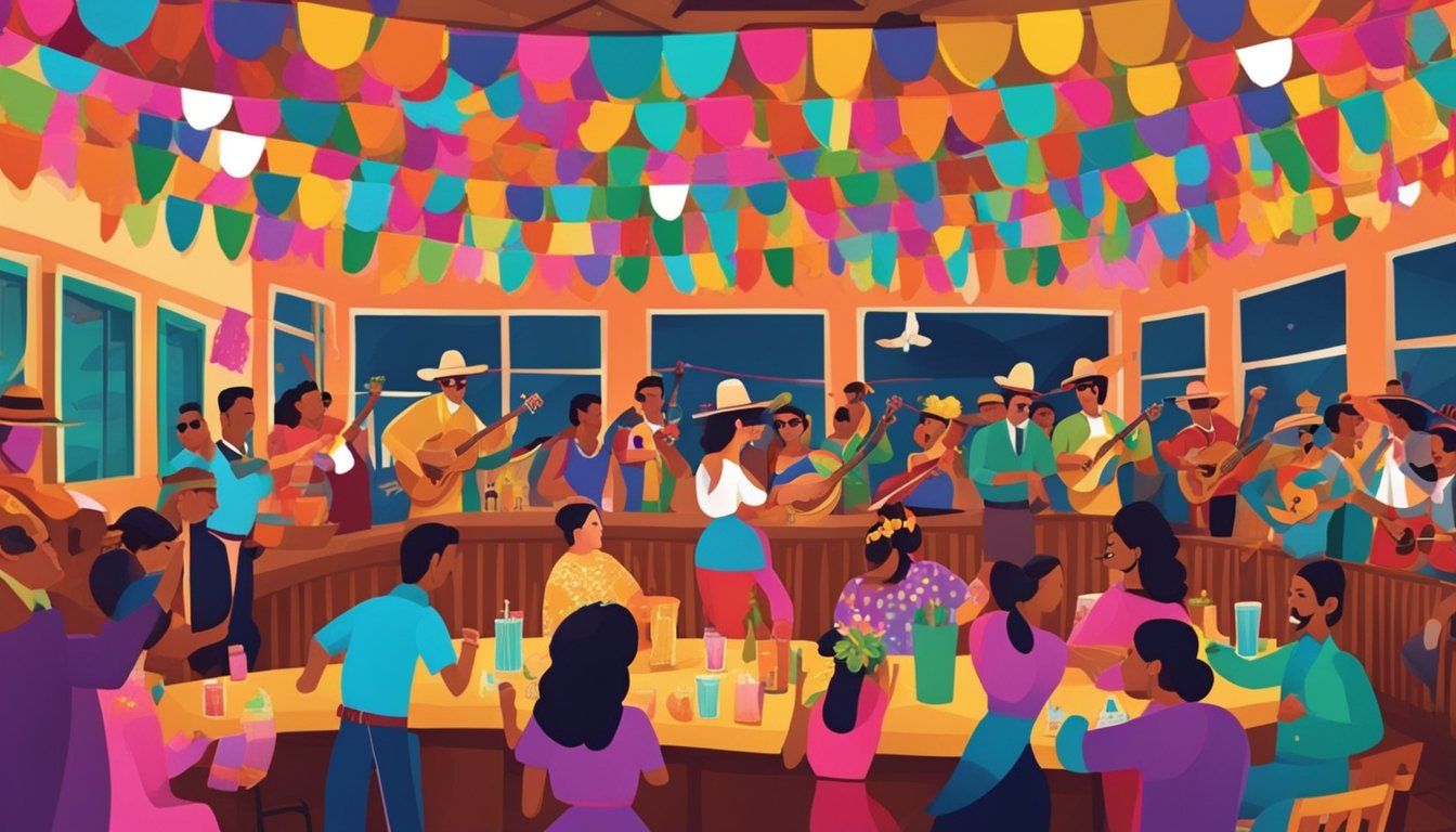 A vibrant fiesta with colorful papel picado, mariachi instruments, and traditional Mexican cocktails being served in a lively Texas bar