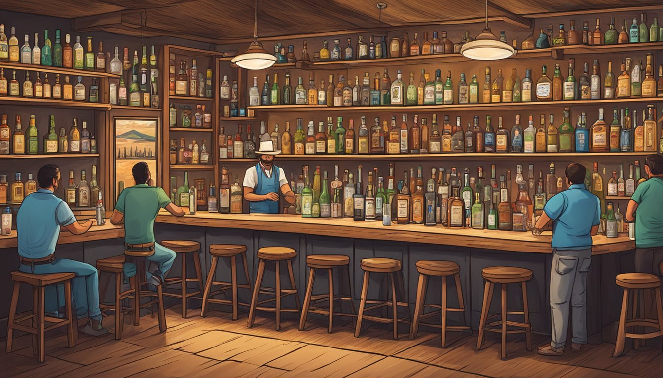 A bustling Texas bar with shelves of mezcal bottles, patrons sipping and savoring the smoky, earthy flavors. Bartenders expertly crafting mezcal cocktails