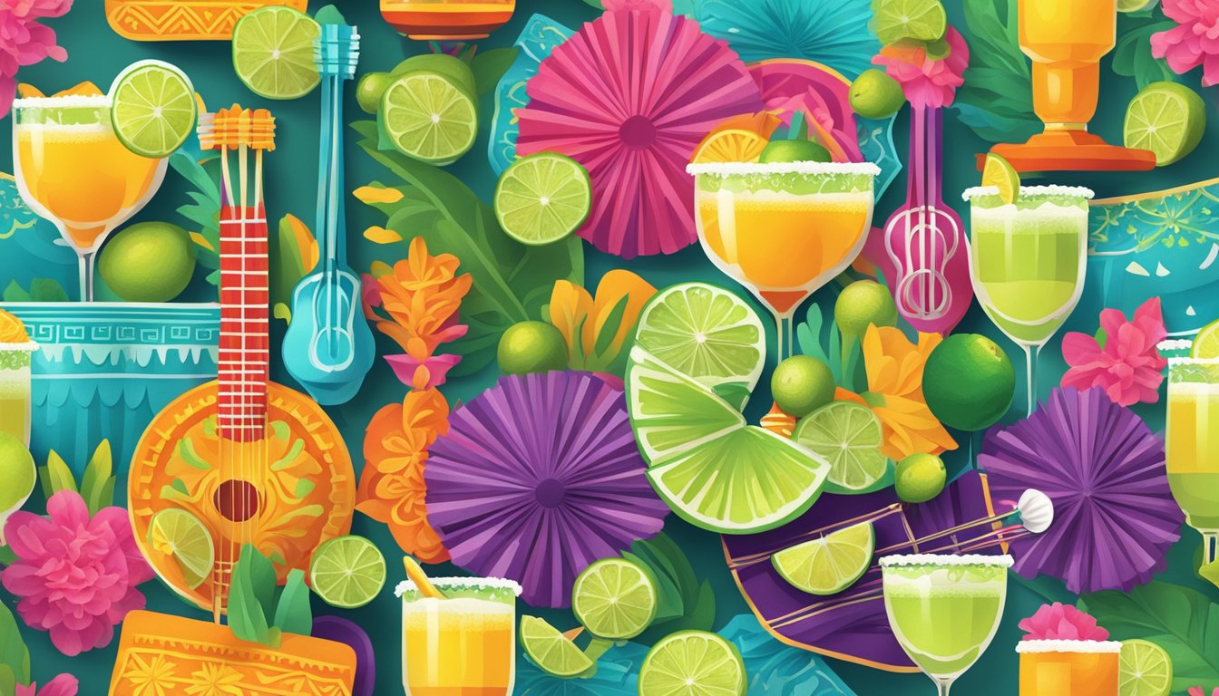 A vibrant fiesta scene with colorful papel picado, mariachi instruments, and margarita glasses adorned with lime and salt