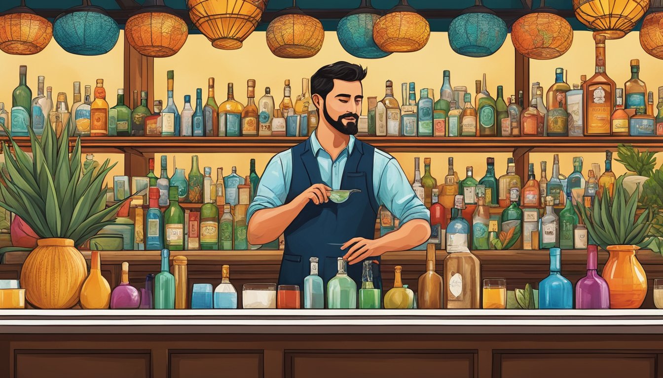 A bartender in a modern Texas bar, blending traditional Mexican ingredients with local spirits, surrounded by colorful agave plants and vibrant Mexican decor