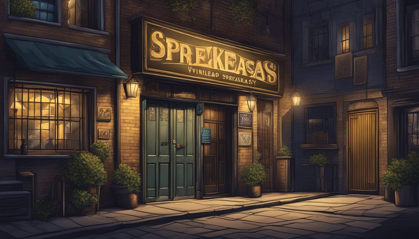 A dimly lit alleyway entrance leads to a hidden speakeasy, with a vintage sign and a bouncer at the door