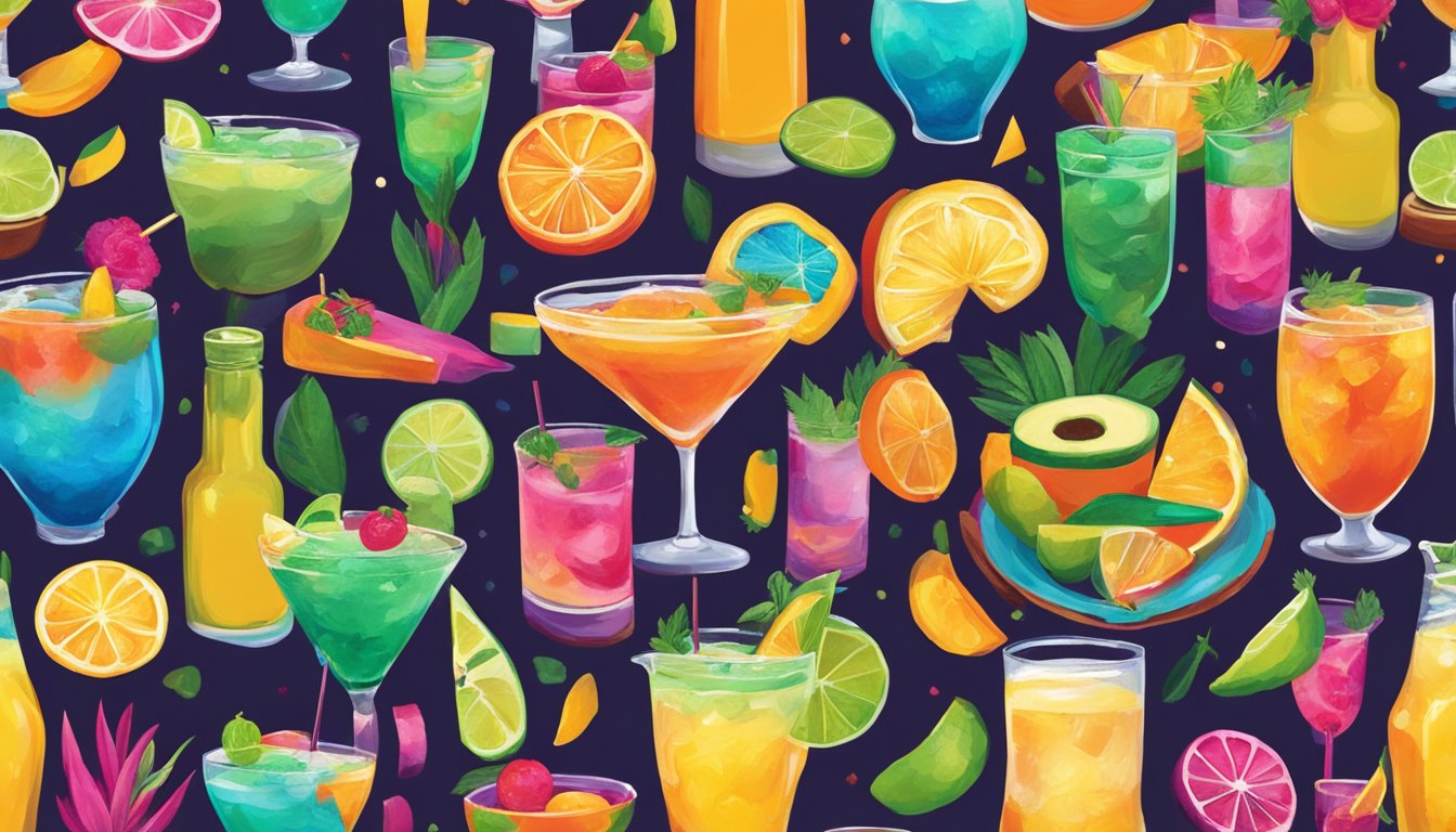 A vibrant fiesta scene with colorful Mexican-inspired cocktails being expertly mixed and garnished with traditional ingredients, showcasing the fusion of Mexican culture and Texas mixology