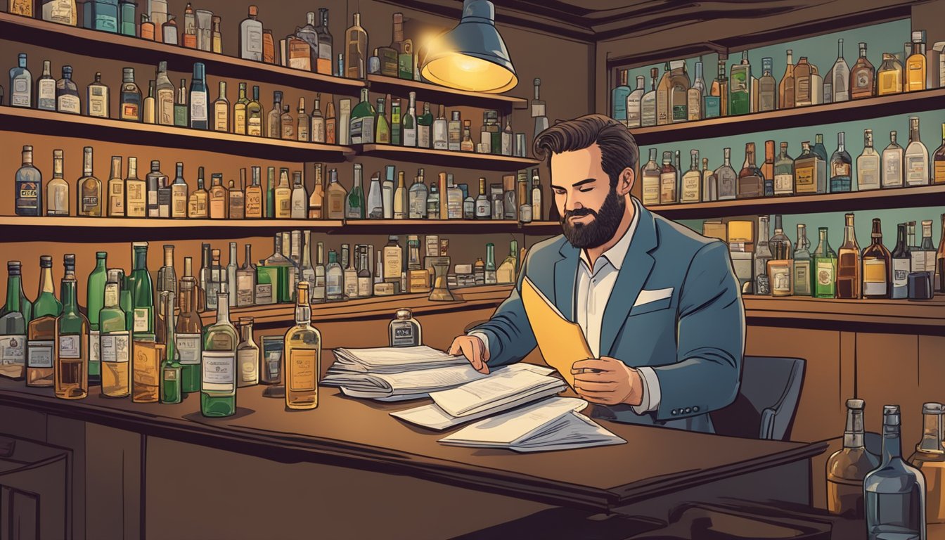 A bar owner in Texas reviews legal documents and compliance regulations at a cluttered desk, surrounded by liquor bottles and bar equipment