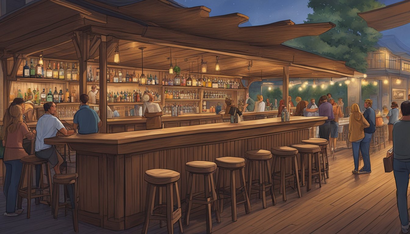 A bustling Texas bar with an outdoor patio, live music, and a long wooden bar with shelves of liquor. Customers gather around high tables, while the bartender prepares drinks