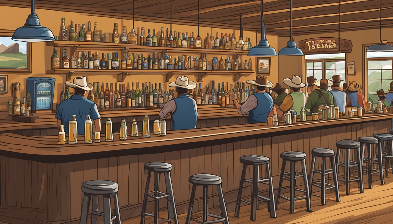 A bustling Texas bar, with cowboy hats hanging on the wall, live country music playing, and a row of beer taps lining the bar counter