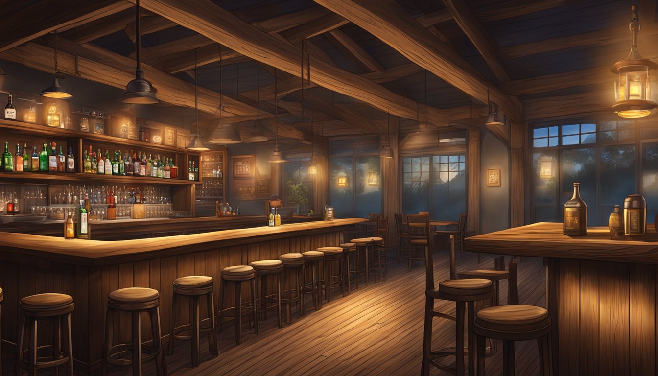 A rustic Texas bar with wooden decor and dim lighting, featuring a long, polished bar top and a cozy, inviting ambience