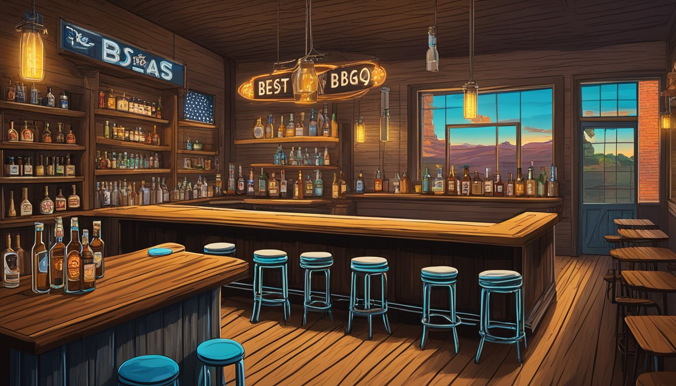 A rustic Texas bar with cowboy boots hanging from the ceiling, a neon sign advertising the "best BBQ in the Lone Star State," and a row of whiskey bottles lining the bar