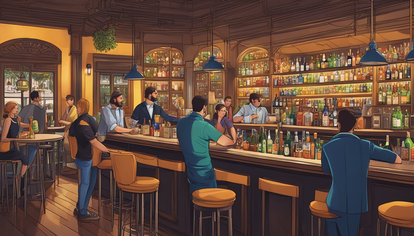 A bustling craft cocktail bar in Austin, with mixologists creating intricate drinks and patrons enjoying the vibrant atmosphere