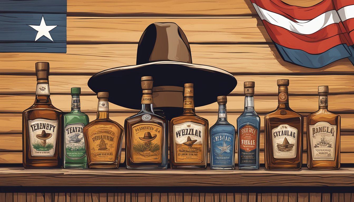 A rustic wooden bar adorned with Texas whiskey, mezcal, and tequila bottles, surrounded by cowboy hats and a lone star flag