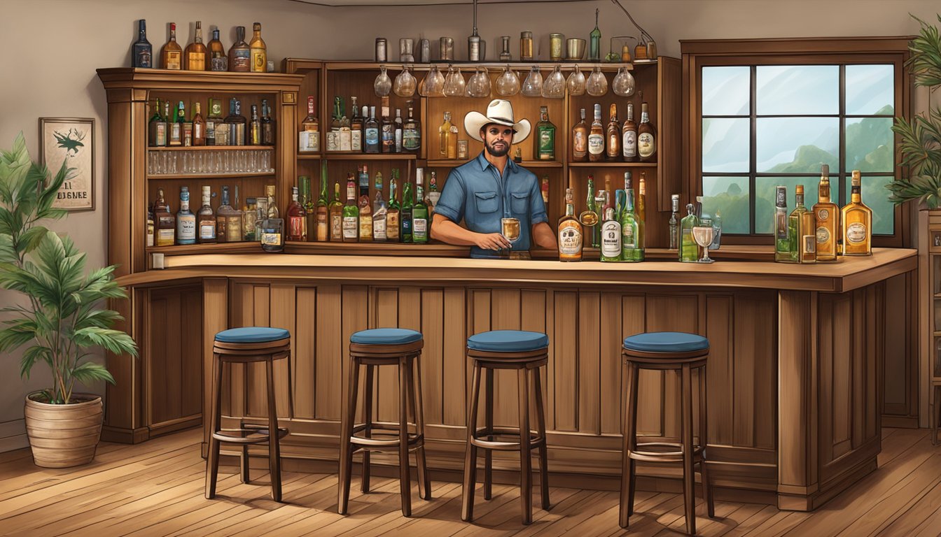 A cozy home bar with Texas spirits displayed, surrounded by American and international decor