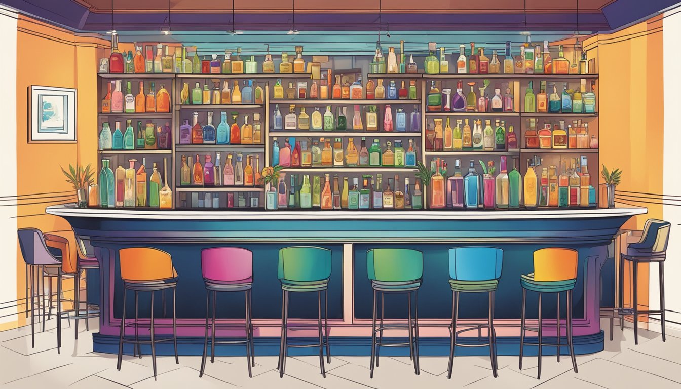 A sleek bar with a row of colorful, artfully garnished cocktails. A menu featuring creative dishes and the words "Signature Cocktails" in bold