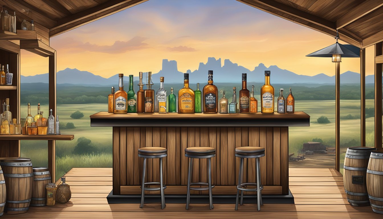 A rustic home bar adorned with Texas spirits, cocktail shakers, and mixers, set against a backdrop of a Lone Star state landscape