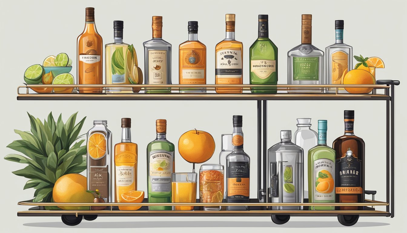 A well-stocked bar with Texas spirits, fresh fruits, and premium mixers arranged neatly on a sleek, modern bar cart