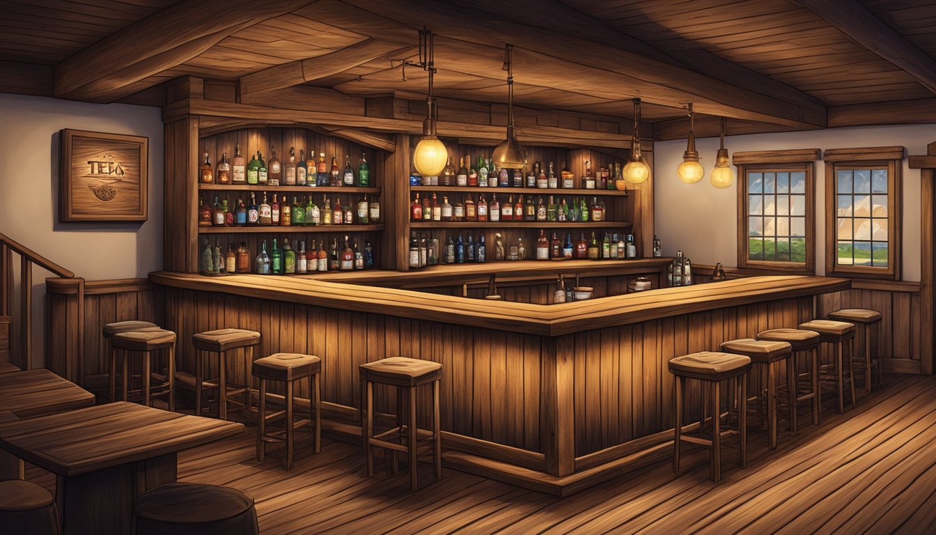 A rustic wooden bar with shelves of Texas spirits, surrounded by comfortable seating and dim lighting