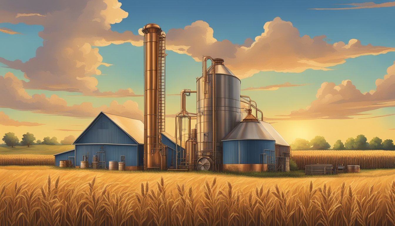 A rustic Texas distillery with copper stills surrounded by fields of wheat and corn, under a big blue sky