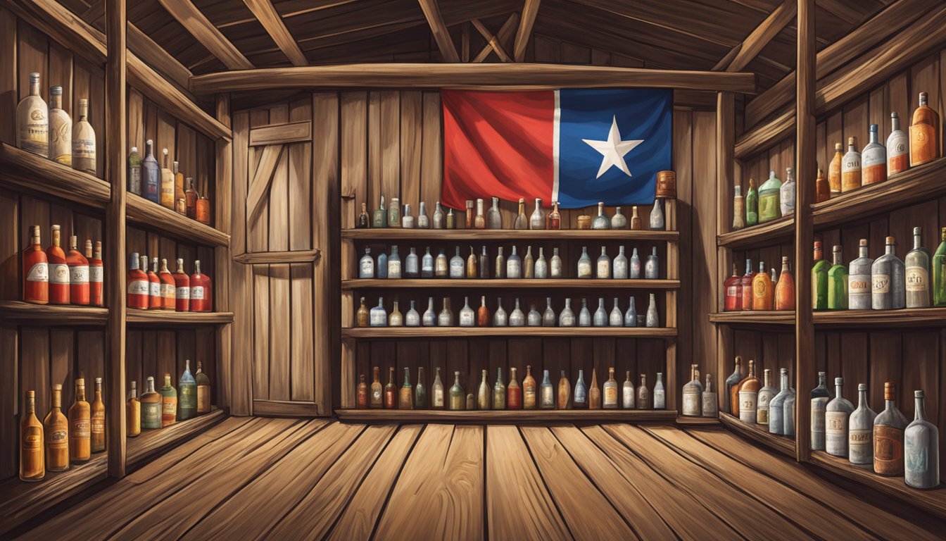 A rustic Texas barn with shelves lined with various bottles of locally made vodka. The backdrop features a Lone Star flag and a cowboy hat