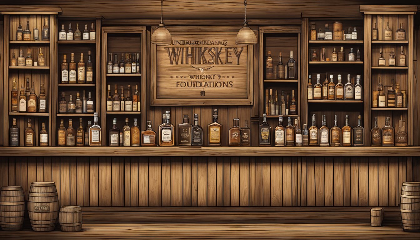 A rustic wooden bar with various Texas whiskey bottles displayed on shelves, accompanied by a set of whiskey glasses and a book titled "Understanding Whiskey Foundations"