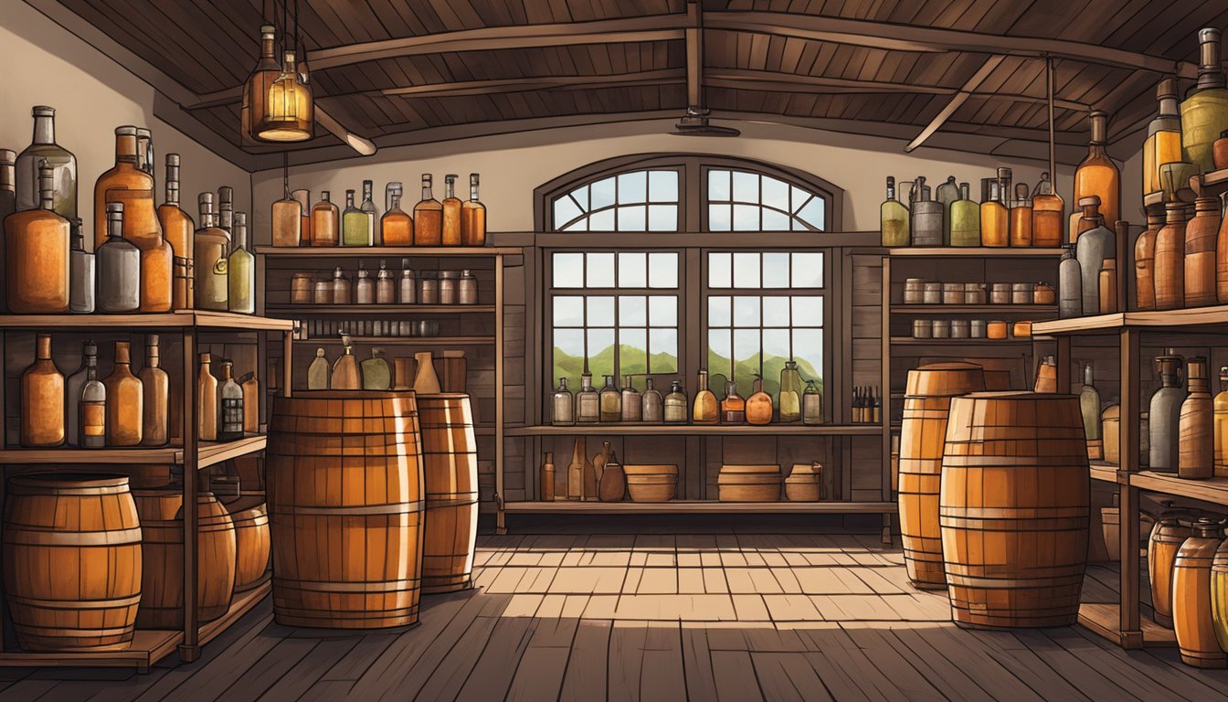 A rustic Texas distillery with copper stills and shelves of infused fruits and spices