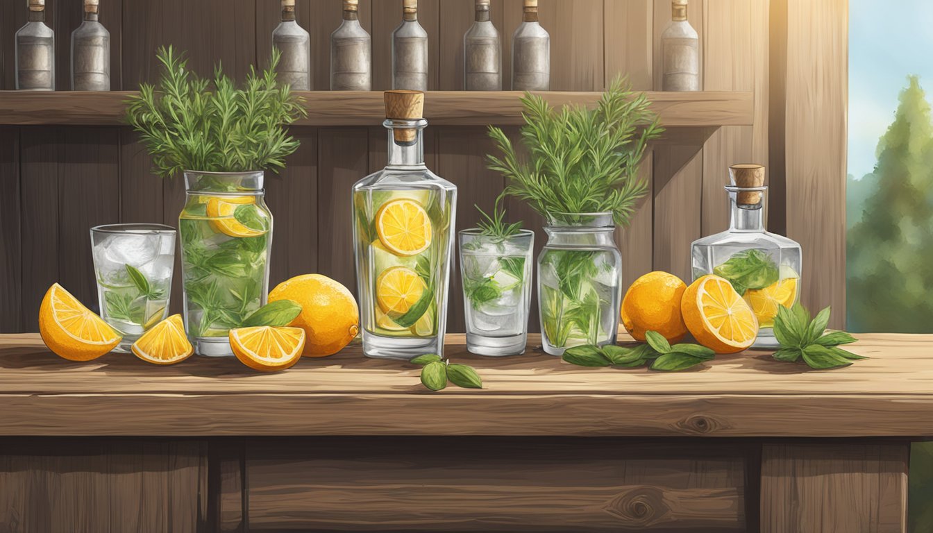 A rustic bar setting with Texas-made vodka bottles, fresh citrus fruits, and local herbs on a wooden table