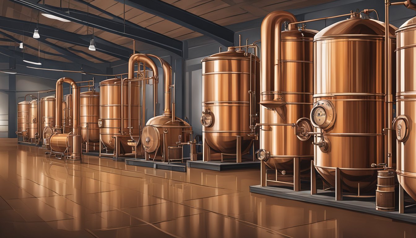 A copper still distilling whiskey, barrels aging in a Texas warehouse