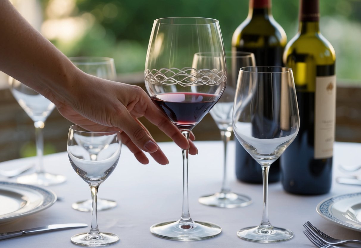 A hand reaching for a delicate, long-stemmed wine glass on a table set with various glassware and a bottle of wine