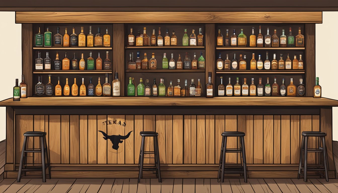 A rustic wooden bar with shelves lined with bottles of Texas whiskey, each labeled with unique flavors and distillery logos