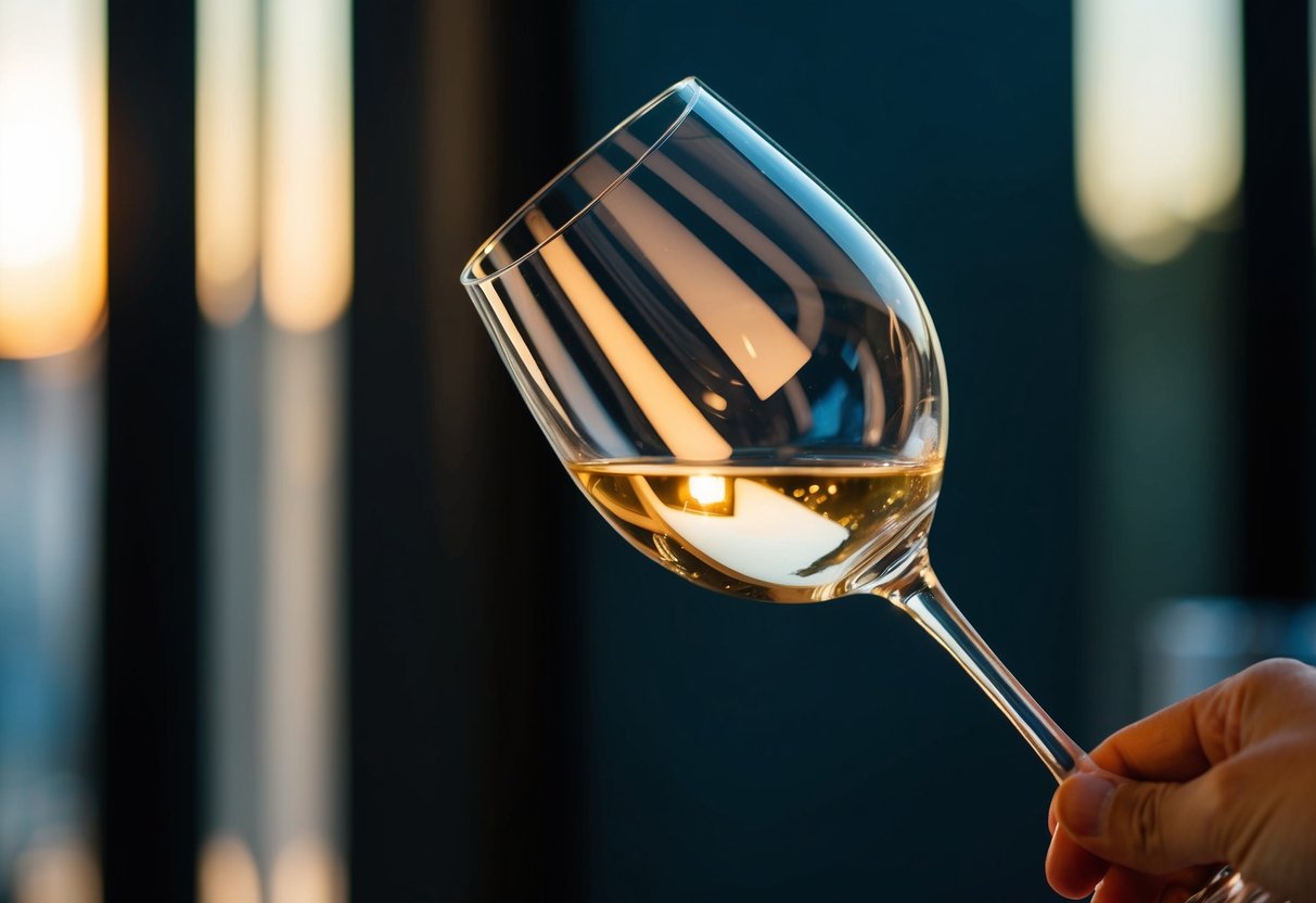 A wine glass being held up to the light, showcasing its elegant shape and the way the material reflects and refracts the surrounding environment