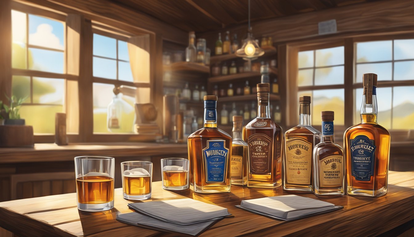 A rustic wooden table displays an array of Texas whiskey bottles, surrounded by tasting glasses and a guidebook. Sunlight filters through a window, casting warm shadows on the scene