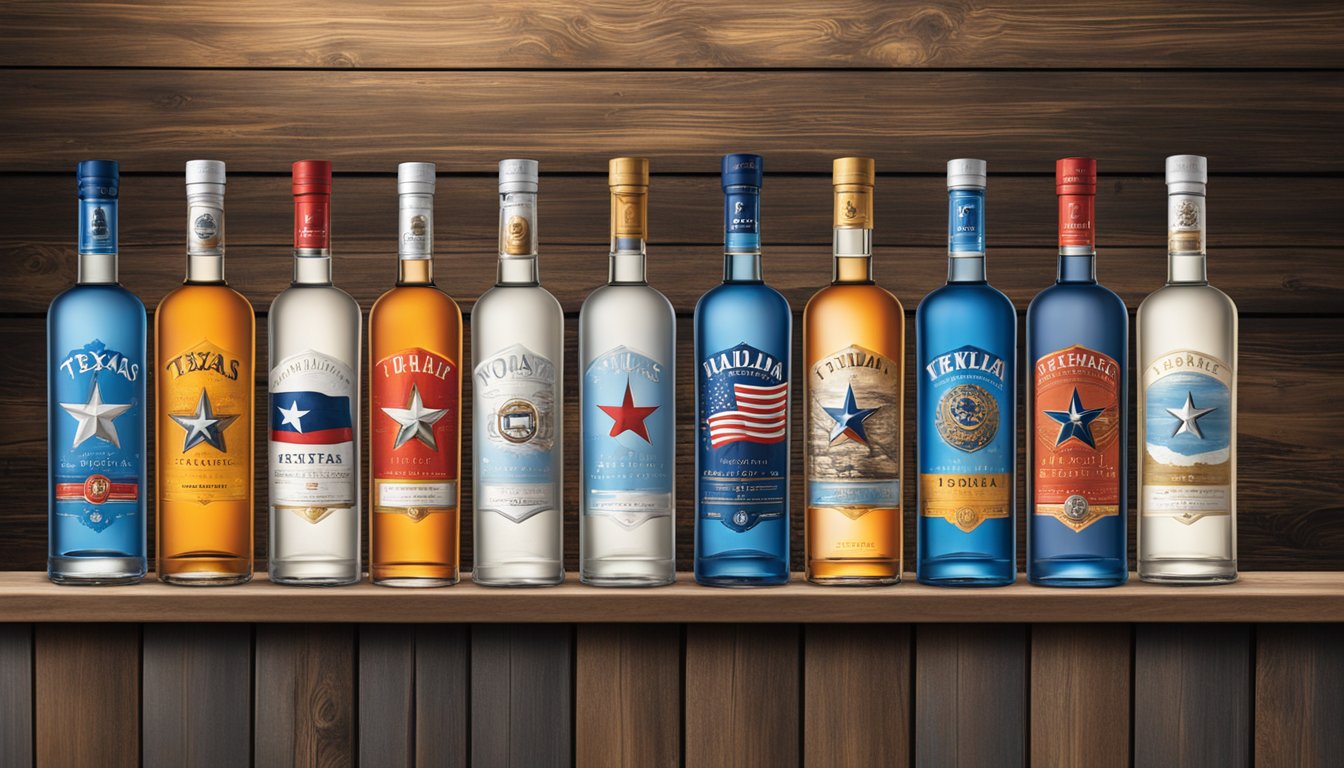 A lineup of Texas vodka bottles stands alongside international brands, each displayed on a rustic wooden bar with a backdrop of Lone Star State imagery