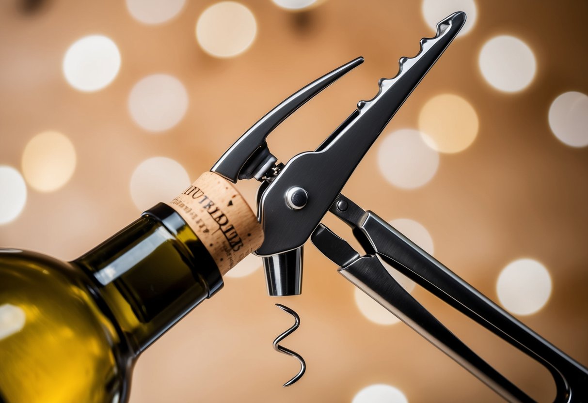 A corkscrew piercing the cork of a wine bottle, with the bottle opener handle in the background