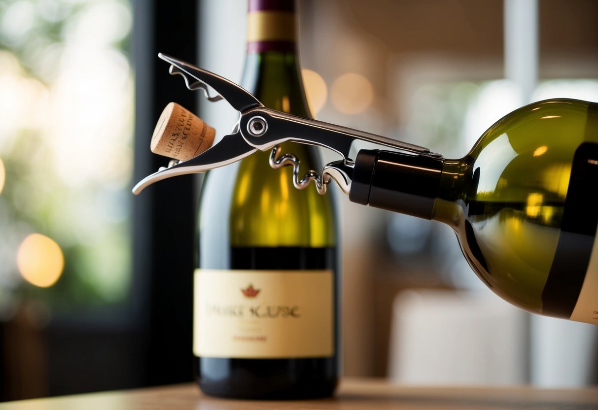 A corkscrew pierces the cork of a wine bottle, twisting and pulling it out with ease, as the bottle stands on a table