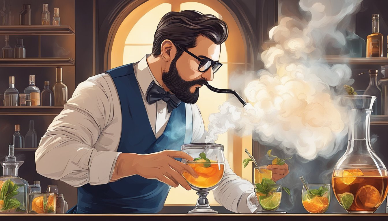 A mixologist expertly infuses a cocktail with smoke, using a glass dome and a smoking gun, creating a captivating and aromatic display