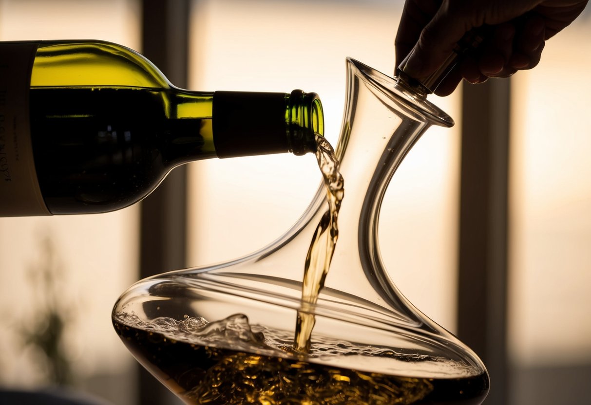 A bottle of wine being gently poured into a decanter, with the wine swirling as it flows into the vessel