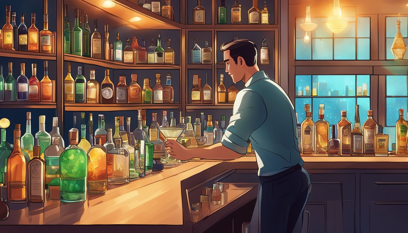 A mixologist at work behind a sleek bar, surrounded by shelves of various liquor bottles and cocktail ingredients. Bright lights illuminate the scene, creating a professional and inviting atmosphere