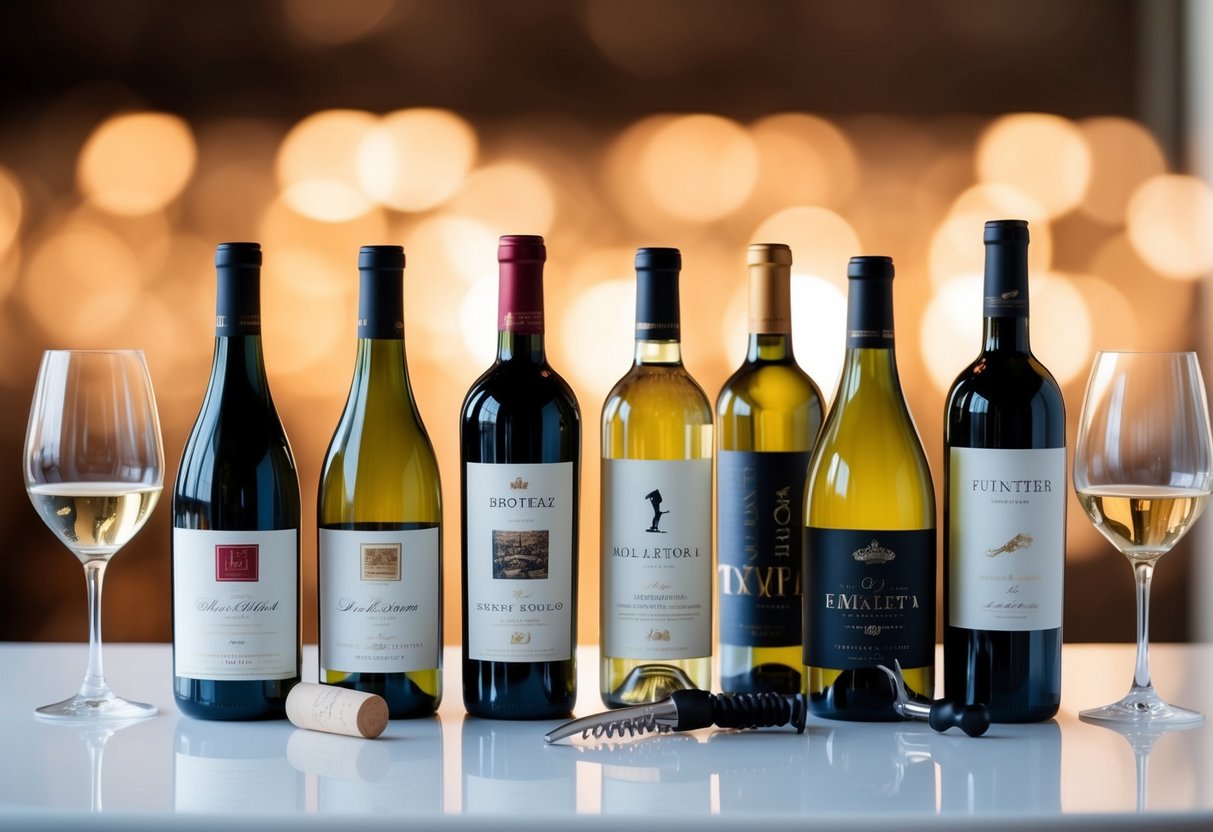 A table with various wine bottles, each displaying different label designs, surrounded by wine glasses and a corkscrew