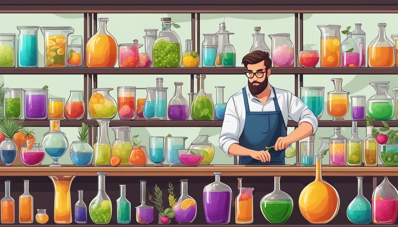 A mixologist carefully measures and pours various colorful liquids into glass beakers, surrounded by shelves of exotic spirits and fresh ingredients