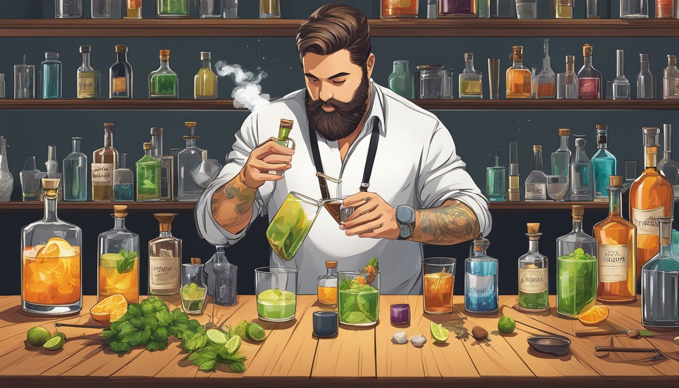 A mixologist infusing smoke into a cocktail glass, surrounded by various bottles of spirits and ingredients on a wooden bar