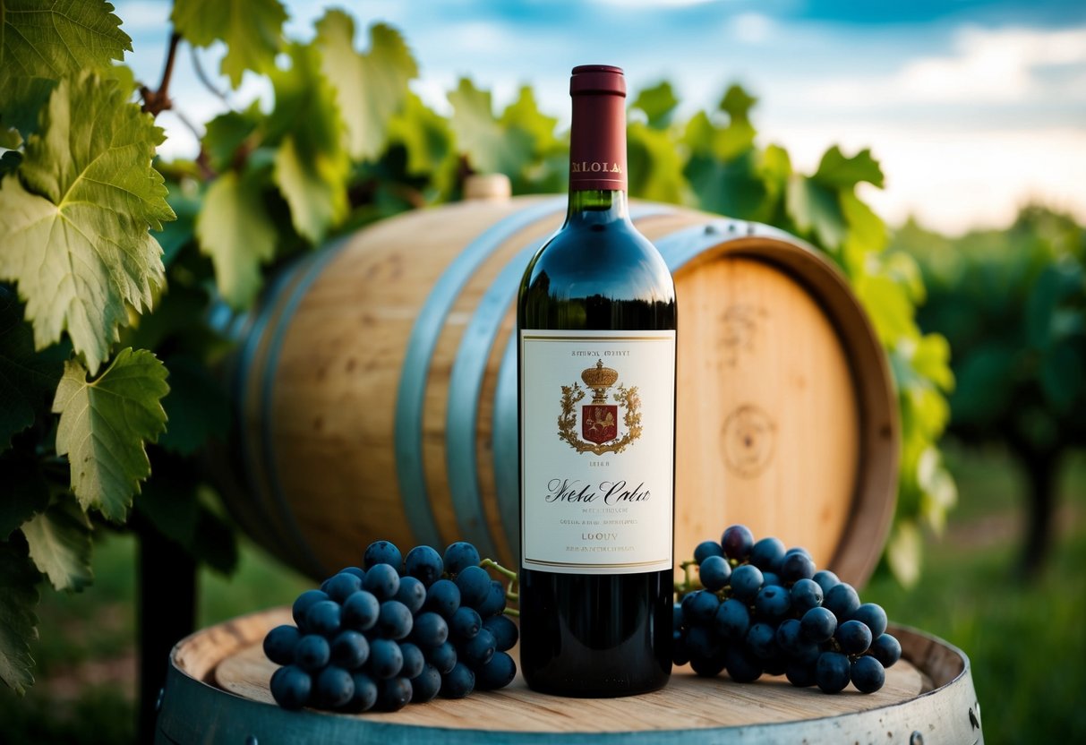 A wine bottle with a detailed label surrounded by grapevines and a rustic wooden wine barrel