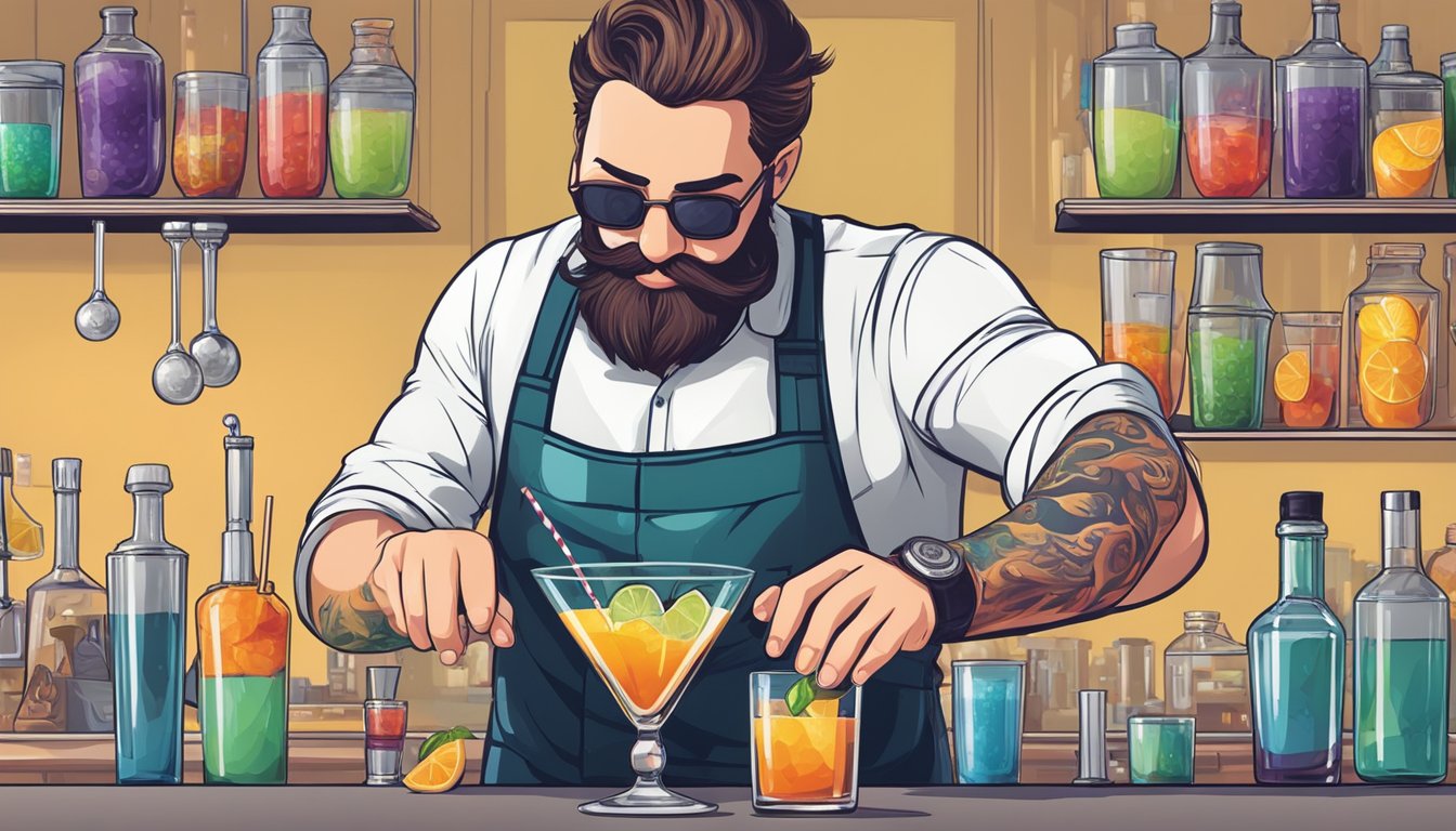 A mixologist carefully combines ingredients, shakes a cocktail shaker, and pours the finished drink into a glass