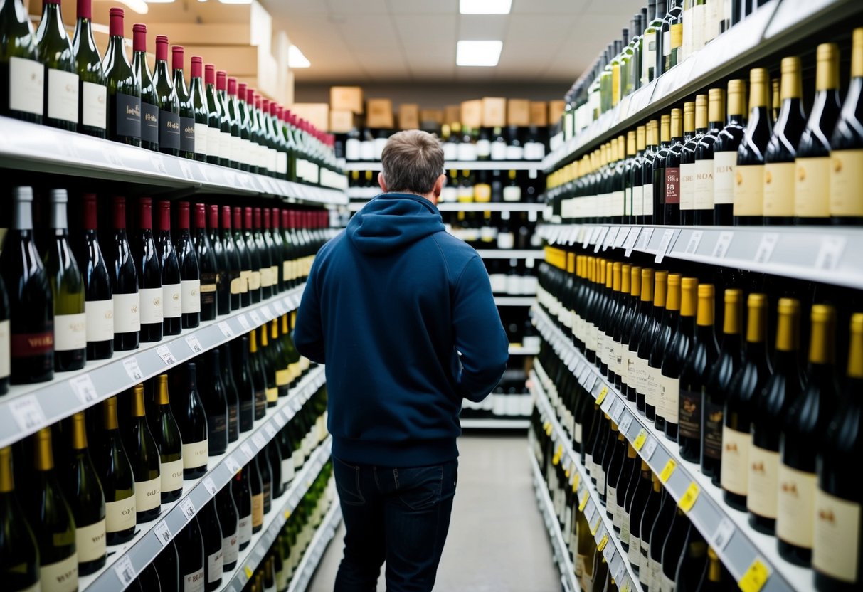 A person browsing rows of wine bottles with price tags at a local store. Various types and colors of wine are displayed on shelves