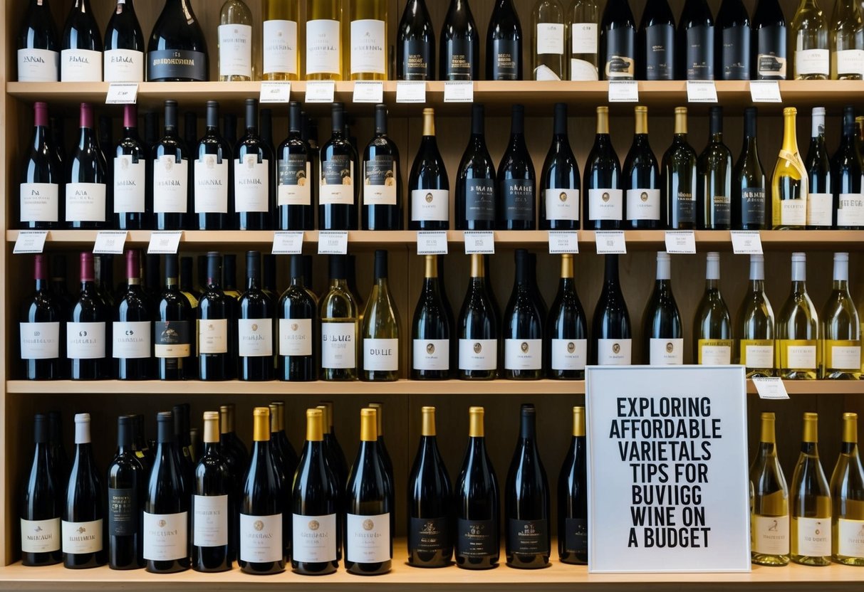 A shelf filled with various affordable wine bottles, displayed with price tags and a sign reading "Exploring Affordable Varietals Tips for buying wine on a budget"