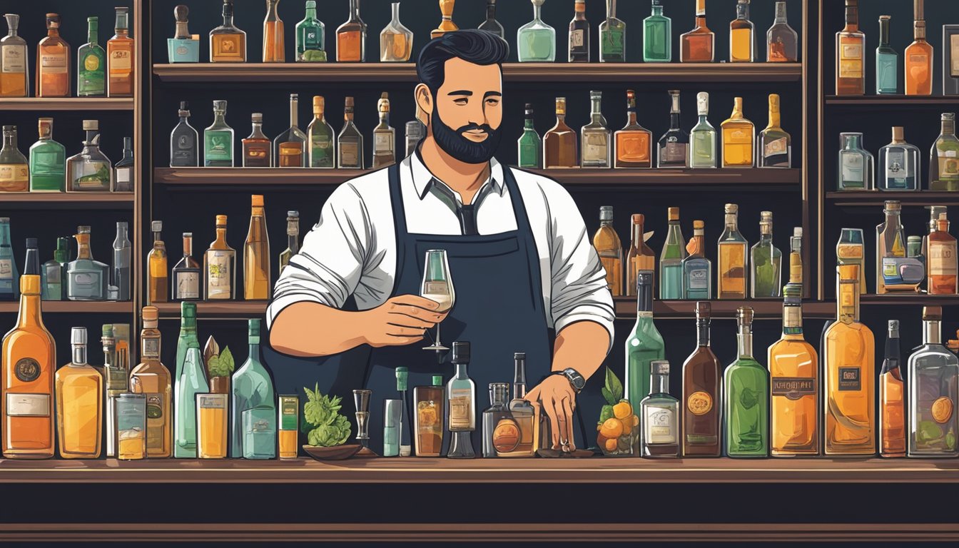 A mixologist behind a sleek bar, surrounded by various bottles of liquor and fresh ingredients, passionately discussing the role of hospitality in mixology during an interview in Houston