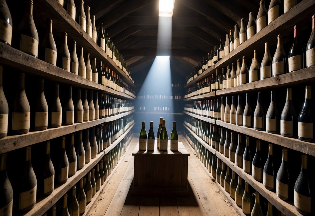 A dimly lit cellar with rows of dusty wine bottles aging on wooden shelves. A single beam of light illuminates the vintage collection